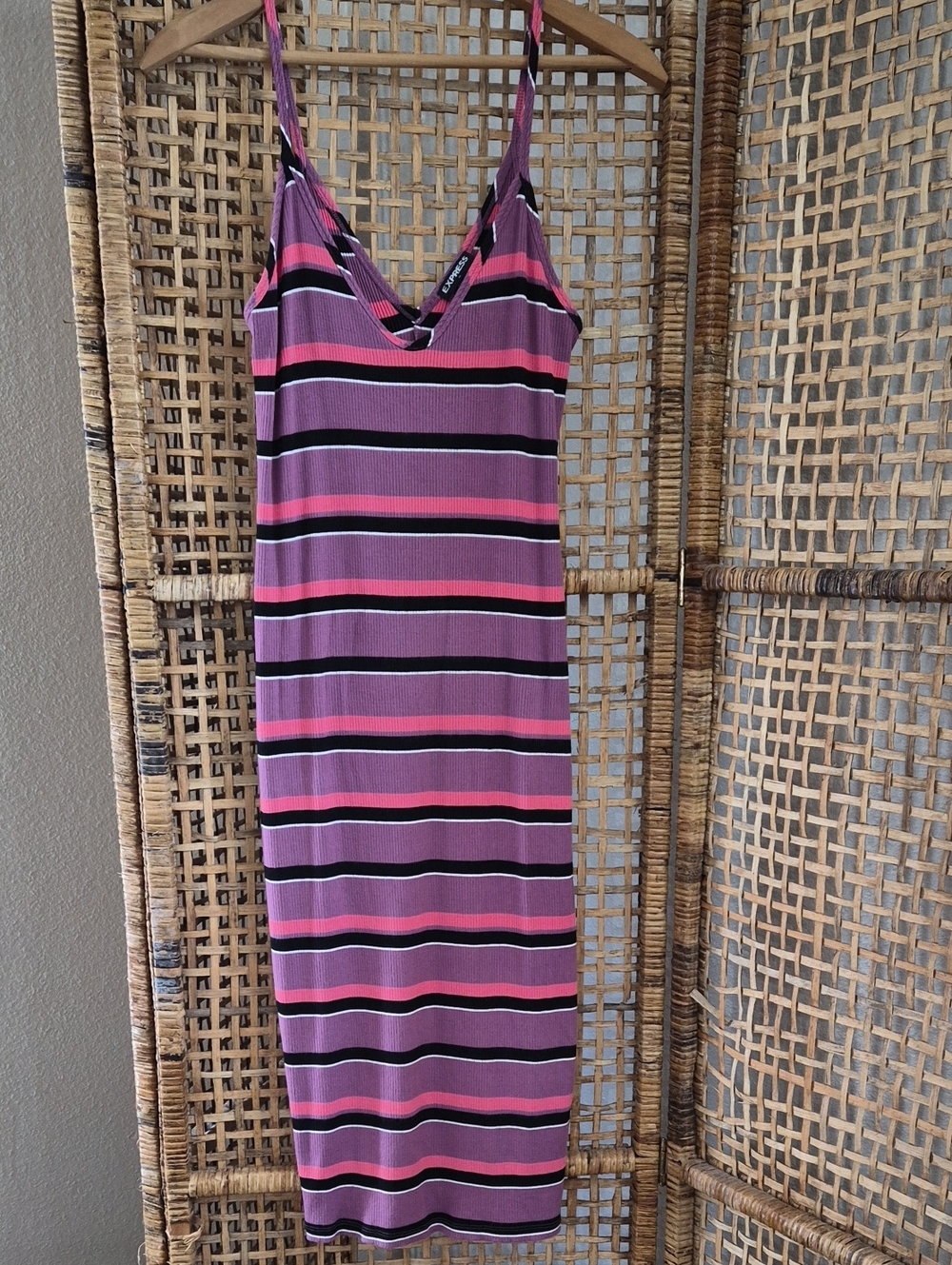 Express Pink and Black Striped Midi Dress